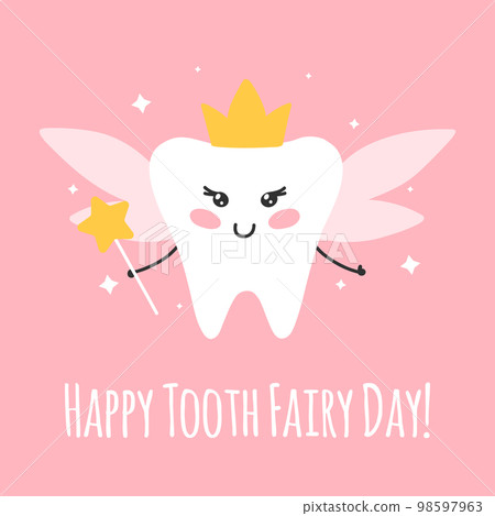 Cute card for tooth fairy day. Vector illustration. Flat cartoon style. tooth fairy in kawaii style. Cute card for tooth fairy day. Vector illustration. Flat cartoon style. tooth fairy in kawaii style. 98597963
