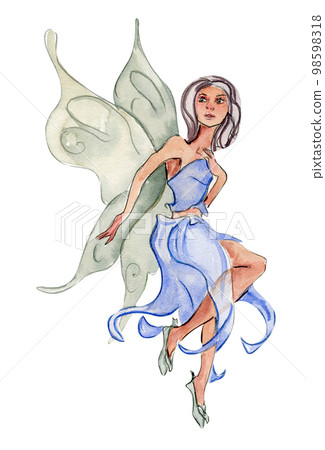 Watercolor cartoon fairy with magic wings. Watercolor hand draw fairy tale illustration. Illustartion with white isolated background. Perfect for greeting card, poster, wedding invitation, party decor 98598318