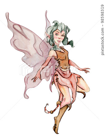 Watercolor cartoon fairy with magic wings. Watercolor hand draw fairy tale illustration. Illustartion with white isolated background. Perfect for greeting card, poster, wedding invitation, party decor Watercolor cartoon fairy with magic wings. Watercolor hand draw fairy tale illustration. Illustartion with white isolated background. Perfect for greeting card, poster, wedding invitation, party decor 98598319