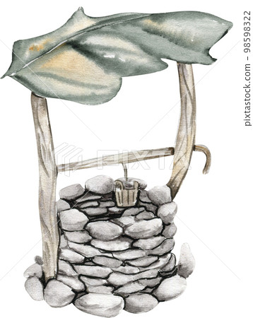 Watercolor stone well with a leaf roof and with a crank handle. Watercolor hand drawn illustration on white background. Perfect for greeting card, poster, wedding invitation, party decor. 98598322