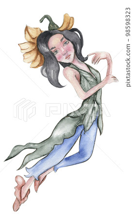Watercolor cartoon fairy with magic wings. Watercolor hand draw fairy tale illustration. Illustartion with white isolated background. Perfect for greeting card, poster, wedding invitation, party decor 98598323