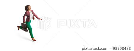 Running business woman wearing modern office style clothes hurrying at meeting isolated on white background. Business, work, career concept. Banner for ad Running business woman wearing modern office style clothes hurrying at meeting isolated on white background. Business, work, career concept. Banner for ad 98598488