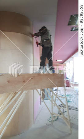 City, building, construction, interior, wood, interior, carpenter, nonflammable plaster, ladder, scaffolding 98598558
