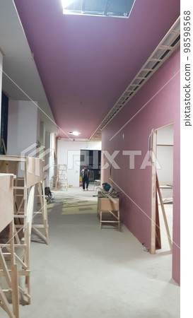 City, building, construction, interior, wood, interior, carpenter, nonflammable plaster, ladder, scaffolding 98598568