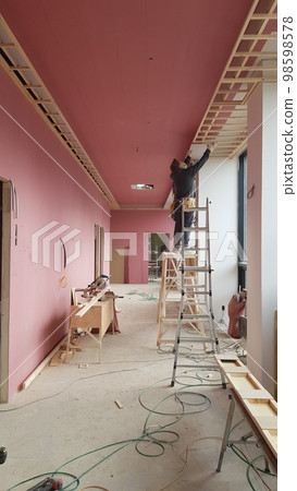 City, building, construction, interior, wood, interior, carpenter, nonflammable plaster, ladder, scaffolding 98598578
