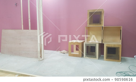 城市、建築、建築、室內、木材、室內、木匠、不易燃石膏、梯子、腳手架 98598616