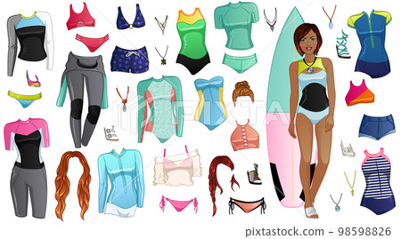 Surfing Girl Paper Doll with Beautiful Lady, Outfits, Hairstyles and Accessories. Vector Illustration Surfing Girl Paper Doll with Beautiful Lady, Outfits, Hairstyles and Accessories. Vector Illustration 98598826