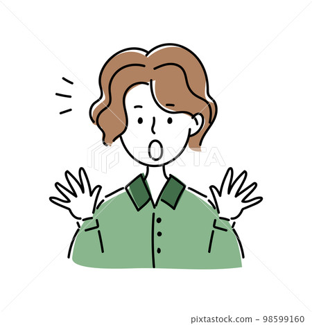 一個穿著襯衫的短髮燙髮女人驚訝的偶像 一個穿著襯衫的短髮燙髮女人驚訝的偶像 98599160