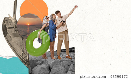 Contemporary art collage. Creative design with young man and women on summer background. Concept of summer, fashion, retro style, emotions, freedom, fun, leisure time activity Contemporary art collage. Creative design with young man and women on summer background. Concept of summer, fashion, retro style, emotions, freedom, fun, leisure time activity 98599172