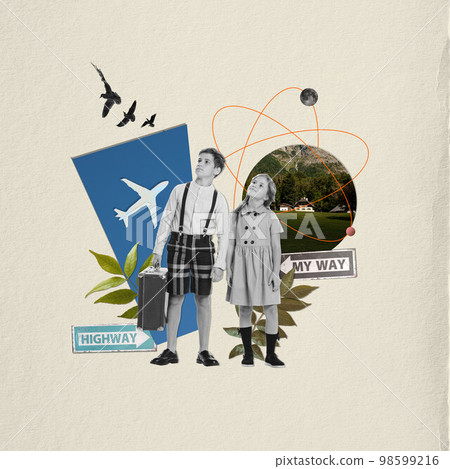Little stylish boy and girl, siblins kids standing with vintage suitcase. Summer time holidays. Retro style design. Concept of travelling, vacation, discovering, creativity, childhood. Little stylish boy and girl, siblins kids standing with vintage suitcase. Summer time holidays. Retro style design. Concept of travelling, vacation, discovering, creativity, childhood. 98599216