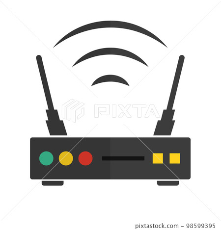 現代 Wi-Fi 路由器圖標。互聯網無線路由器。網絡點。向量。 現代 Wi-Fi 路由器圖標。互聯網無線路由器。網絡點。向量。 98599395
