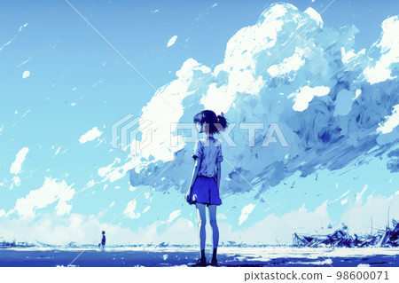 Blue tone color background of sky and city with girl stand and look to sky. 98600071