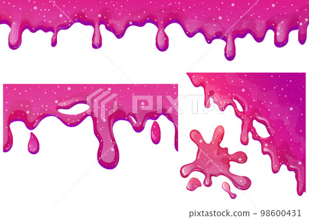 Set Slime purple and pink, jelly glaze with drips and glitter in cartoon style seamless isolated on white background. 98600431