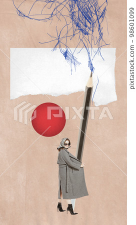 Weird woman in coat with huge pencil and paper over light background with doodles. Concept of creativity, journalism, ad, news. Contemporary art collage, design. 98601099