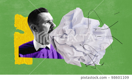 Contemporary art collage. Stylish man with paper making announcement. Concept of propaganda, journalism, mass media, influence, creativity, information, good or bad news. Retro design 98601109