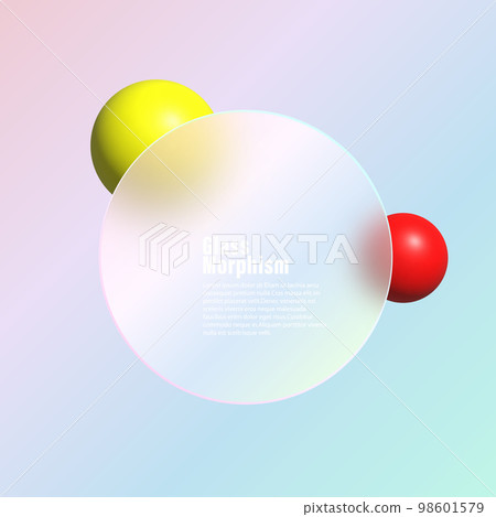 Glassmorphism background design. Transparent round glass disc with colorful geometric spheres. Glassmorphism background design. Transparent round glass disc with colorful geometric spheres. 98601579