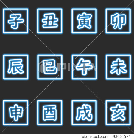 套藍色方形的霓虹黃道帶標誌 98601585