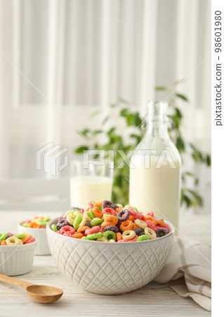 Concept of breakfast food, colorful corn flakes Concept of breakfast food, colorful corn flakes 98601980