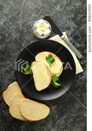 Concept of breakfast, eat food with butter, top view 98602004