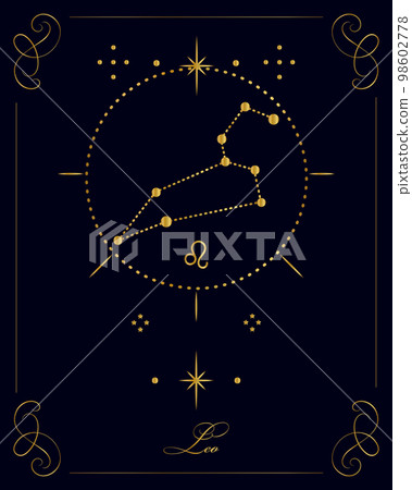 Magic astrology poster with Leo constellation, tarot card. Golden design on a black background. Vertical illustration, vector Magic astrology poster with Leo constellation, tarot card. Golden design on a black background. Vertical illustration, vector 98602778