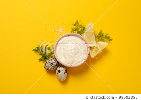 Concept of sauce, mayonnaise sauce, top view Concept of sauce, mayonnaise sauce, top view 98602855