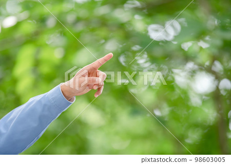 Male in work clothes, fresh green, pointing 98603005