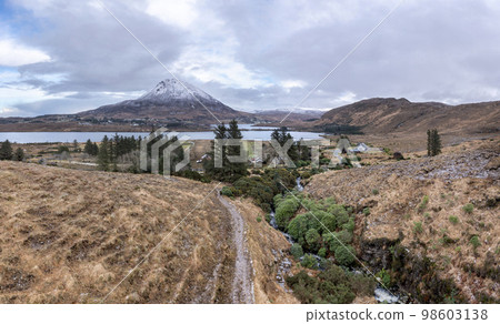 Aerial view of the Dunlewy Ghost Town in County Donegal - Ireland. Aerial view of the Dunlewy Ghost Town in County Donegal - Ireland. 98603138