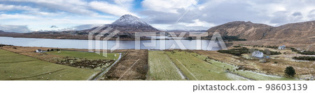 Aerial view of the GAA pitch next to Mount Errigal in Donegal - Ireland. Aerial view of the GAA pitch next to Mount Errigal in Donegal - Ireland. 98603139