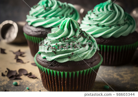 St Patrick's Day Cupcakes decorated with green cream. Generative AI illustration 98603344