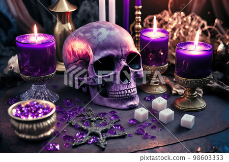 Magic purple gemstones and skull for esoteric spiritual practice, Healing Crystal Ritual, Witchcraft, future predictions. Generative AI illustration Magic purple gemstones and skull for esoteric spiritual practice, Healing Crystal Ritual, Witchcraft, future predictions. Generative AI illustration 98603353
