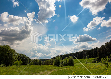Beautiful blue sky with passing clouds over a bright green landscape Beautiful blue sky with passing clouds over a bright green landscape 98604273