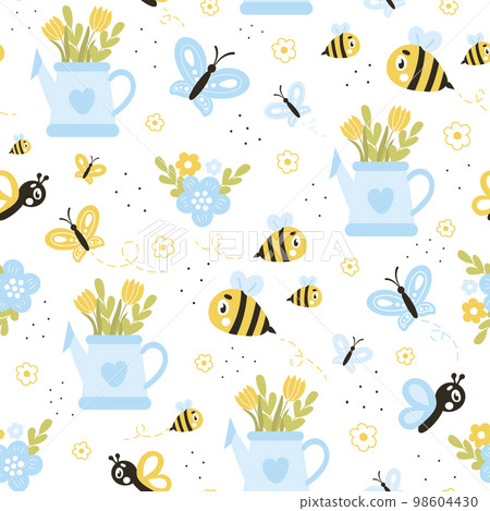 Cute springtime seamless pattern with bee and flowers in watering pot on white background Cute springtime seamless pattern with bee and flowers in watering pot on white background 98604430