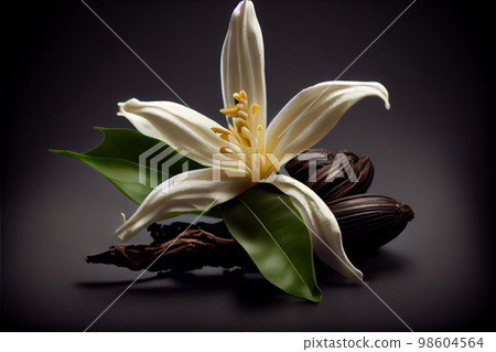 Vanilla sticks and flower on wooden background Vanilla sticks and flower on wooden background 98604564