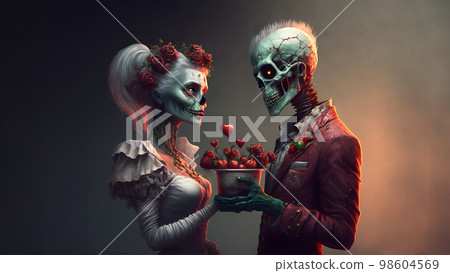 zombie pair holding bucket of red hearts for valentines day concept, neural network generated art zombie pair holding bucket of red hearts for valentines day concept, neural network generated art 98604569
