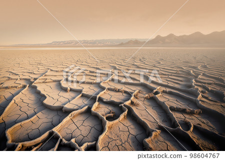 Dried lake bed and sky covered with clouds of dust, desertification concept landscape. Generative AI illustration 98604767