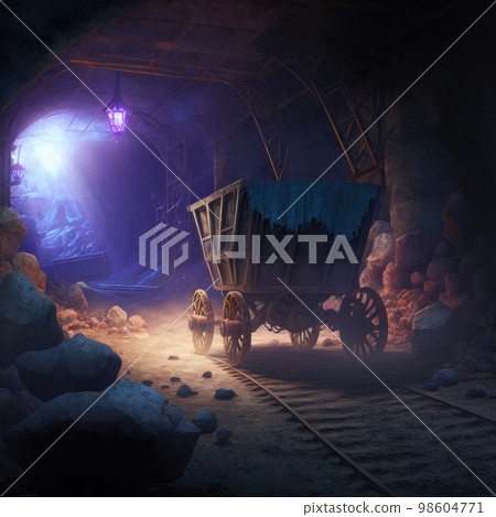 Mine trolley standing on railway tracks inside abandoned undergr 98604771