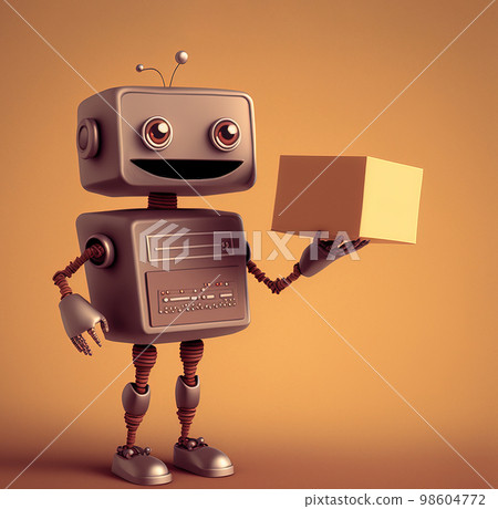 Retro robot holding a blank cardboard box over yellow background with copy space, generative AI illustration 98604772