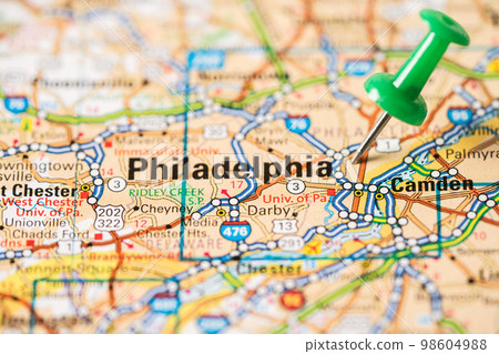 Bangkok, Thailand, June 1, 2022 Philadelphia, road map with green pushpin, city in the United States of America USA. Bangkok, Thailand, June 1, 2022 Philadelphia, road map with green pushpin, city in the United States of America USA. 98604988