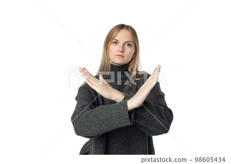 Photo of young pretty serious blonde 20s woman crossed hands show no stop forbidden symbol isolated over white background 98605434
