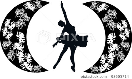 Watercolor dancing pink pretty ballerina with flowers and moon. Watercolor hand drawn illustration. Can be used for cards or posters. With white isolated background. Young  pretty ballerina women. 98605714