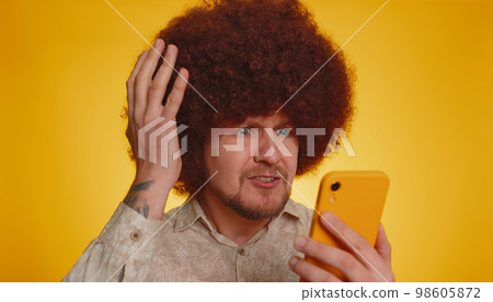 Man use smartphone typing browsing, loses becoming surprised sudden lottery results, bad fortune Man use smartphone typing browsing, loses becoming surprised sudden lottery results, bad fortune 98605872