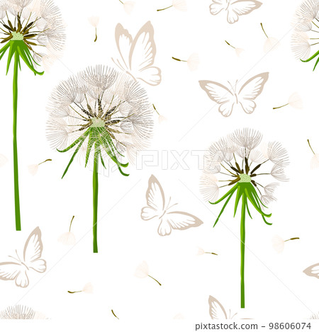 Seamless pattern dandelions on a white background. Background for creating textiles, fabrics, paper, wallpapers. Vector illustration. 98606074