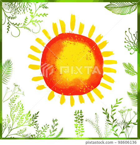 Sun and grass watercolor. Hello summer and spring. Vector illustration 98606136