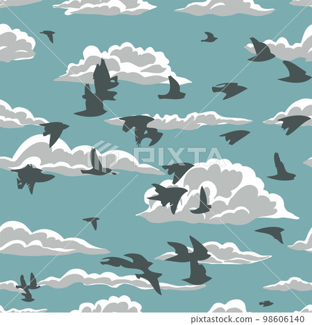 Seamless pattern with clouds and birds. Vintage hand drawn illustration with starlings in the sky. Vector illustration Seamless pattern with clouds and birds. Vintage hand drawn illustration with starlings in the sky. Vector illustration 98606140