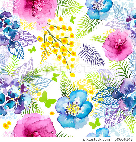 Watercolor flowers with mimosa seamless pattern. Vector illustration 98606142