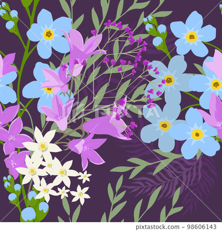 Seamless pattern of forget-me-nots and bluebells on a dark background. Vector illustration 98606143