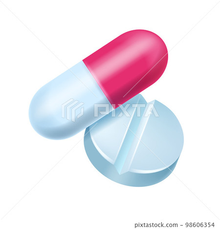 3D capsule medicine realistic icon, vector tablet closeup pharmacy antibiotic pill on white.  98606354