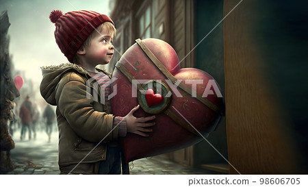little caucasian boy holding big heart-shaped object on city street, neural network generated art 98606705