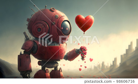 red retro-futuristic robot holding large heart-shaped balloon for valentines day concept , neural network generated art 98606716