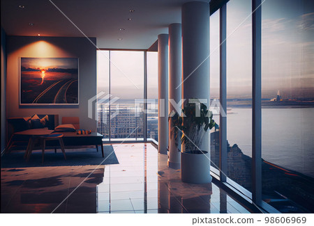 Empty loft style room with concrete floor and city view 98606969